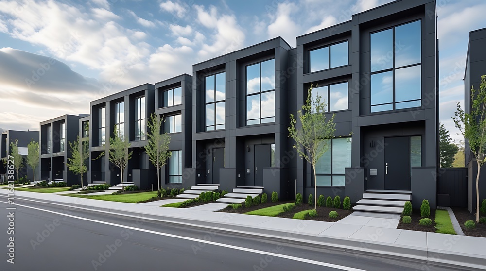 Modern black townhouse architecture with sleek minimalist design, large glass windows, and lush landscaping, perfect for contemporary urban living, combining style, functionality, and sophistication Modern black townhouse architecture with sleek minimalist design, large glass windows, and lush landscaping, perfect for contemporary urban living, combining style, functionality, and sophistication