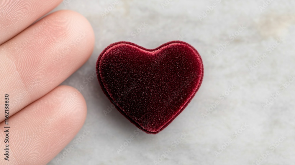 Valentine relationship concept. A hand holding a small, red velvet heart-shaped object. Valentine relationship concept. A hand holding a small, red velvet heart-shaped object.