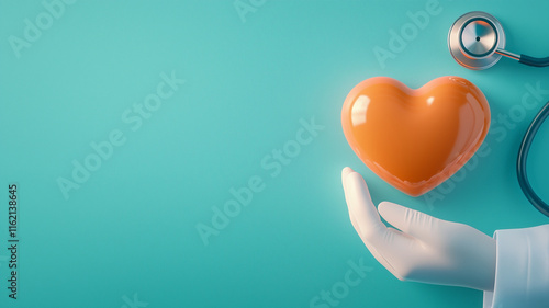 healthcare professional gloved hand holds orange heart symbol, representing care and compassion in medicine, alongside stethoscope on turquoise background