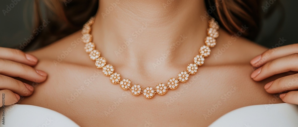 Valentine relationship concept. Elegant necklace worn by a woman, highlighting a stylish accessory. Valentine relationship concept. Elegant necklace worn by a woman, highlighting a stylish accessory.