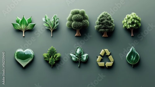 2408 82.A collection of 3D-rendered eco-icons depicting sustainability themes such as clean energy, recycling, and environmental protection. The icons include symbols like a green heart, a tree in a photo