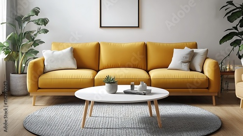 Modern living room interior with yellow sofa, white coffee table, plants, and grey rug. photo