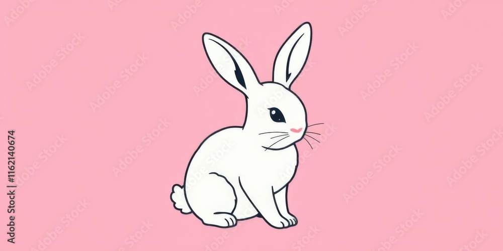 Fototapeta premium White rabbit on pink background with black outline in center of frame, generative ai, whimsical, cute, animal