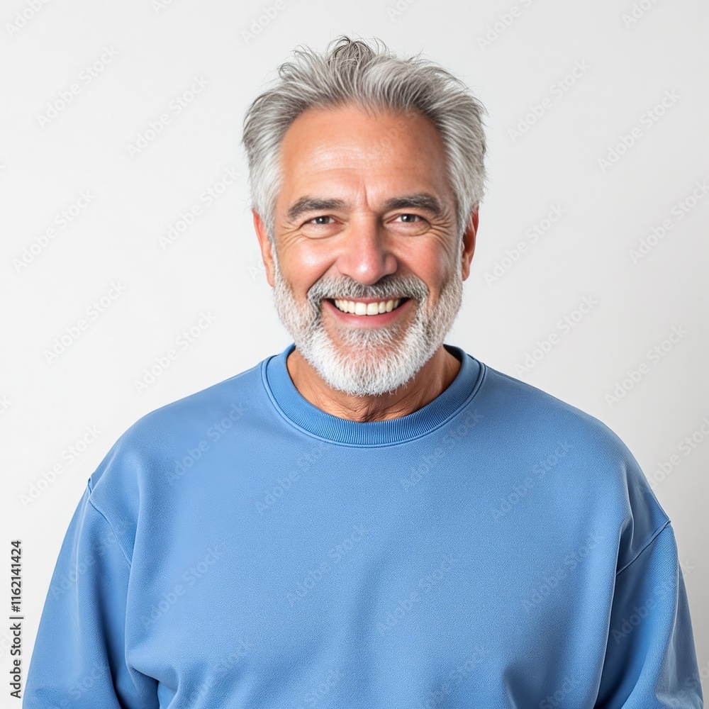 Obraz premium Portrait of a Smiling Senior Man in a Light Blue Sweater, Ideal for Positive Aging, Healthcare Campaigns, Lifestyle Blogs, Retirement Concepts, or Personal Well-Being Themes