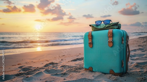 Sunset Beach Vacation: Teal Suitcase on Sandy Shore