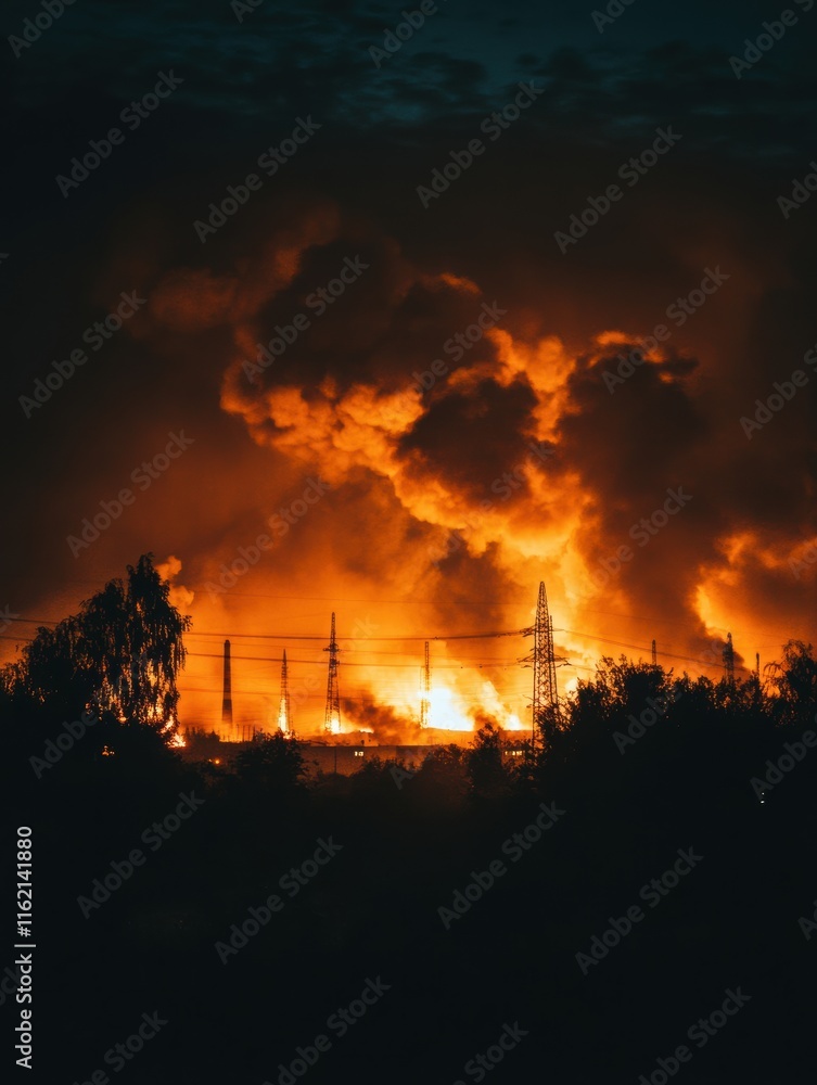 A fire is burning in the distance, with smoke and flames rising into the sky