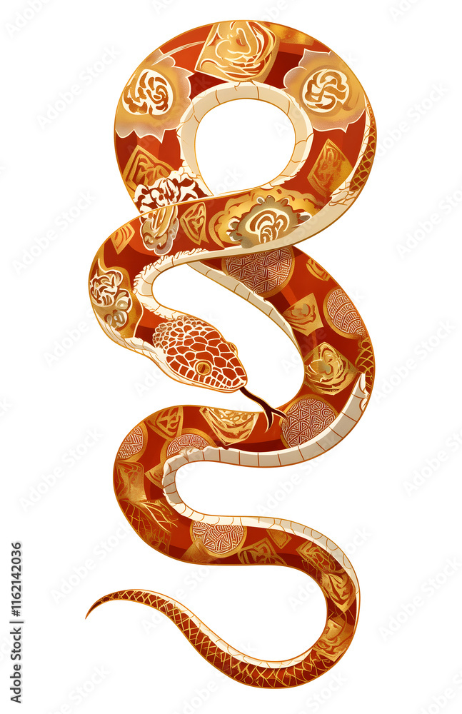 Chinese zodiac snake illustration. Red serpent with gold pattern skin. Chinese New Year 2025 isolated clip art element Chinese zodiac snake illustration. Red serpent with gold pattern skin. Chinese New Year 2025 isolated clip art element