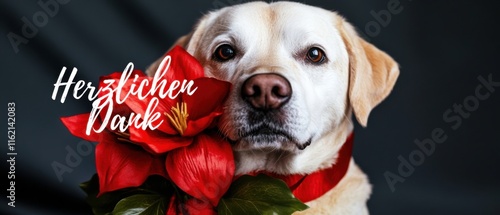 Dankbarer Labrador mit roter Blume  Herzlichen Dank Foto photo