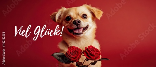 Glücklicher Hund mit Rosen auf rotem Hintergrund  Valentinstag, Liebe, Glück photo