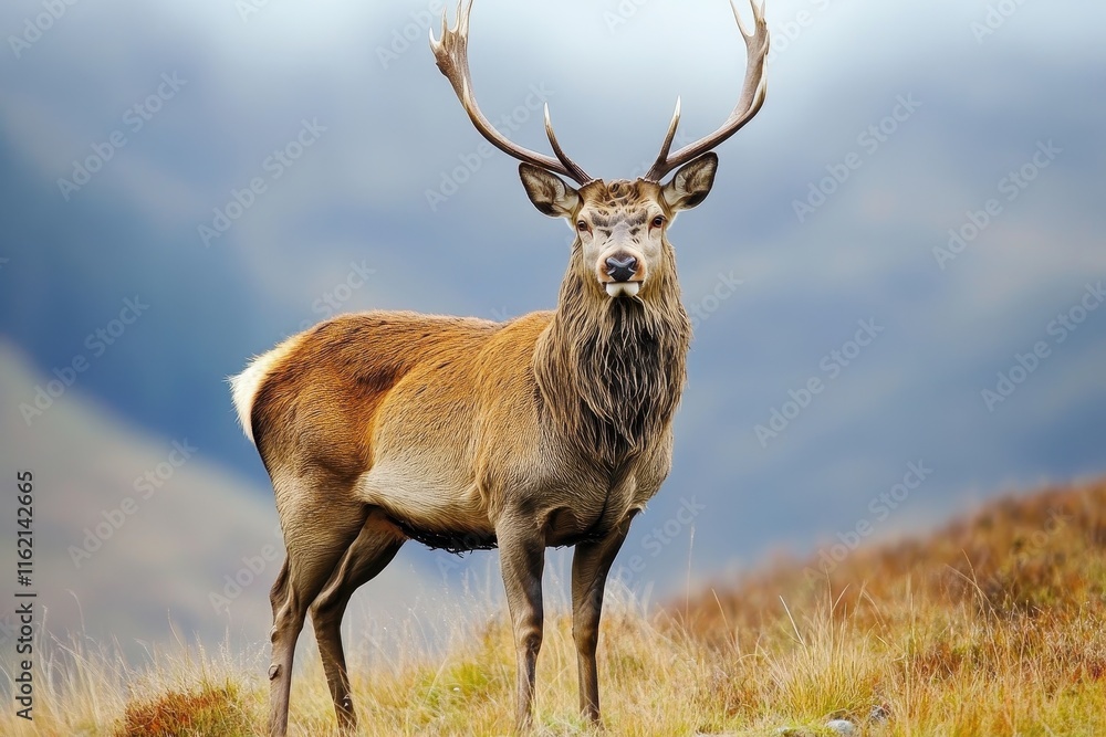 Fototapeta premium A large stag with impressive antlers stands on a grassy hillside in the highlands, surrounded by an ethereal mist. The animal gazes into the distance, embodying the tranquility of nature.