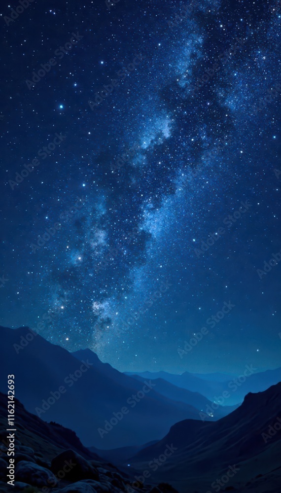 Fototapeta premium Dark blue celestial canvas with numerous twinkling stars and a silvery moonlit glow, universe, darkness, astronomy