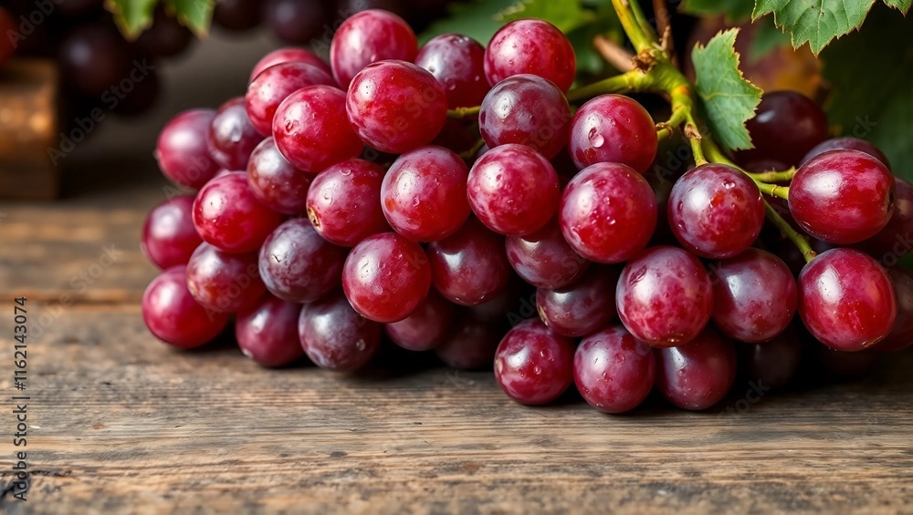Fresh grapes, a cluster of plump red grapes with a natural gloss, resting on a rustic wooden table, soft diffused lighting enhances the subtle gradient Fresh grapes, a cluster of plump red grapes with a natural gloss, resting on a rustic wooden table, soft diffused lighting enhances the subtle gradient