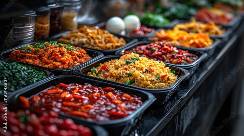Obraz premium Assorted Asian cuisine dishes in takeout containers.