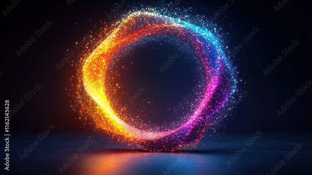 Glowing neon particles forming a swirling circular shape on dark background. Glowing neon particles forming a swirling circular shape on dark background.