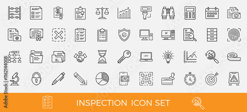 audit inspection quality control icons set, pie chart pen charts notes plan