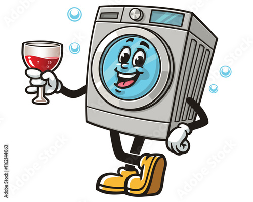 Washing Machine with a glass of drink,   Cartoon Character Mascot Illustration Vector Clip-art Hand-drawn Logo Design