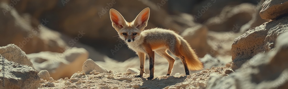 Naklejka premium Fennec Fox Standing on Rocky Terrain in Desert