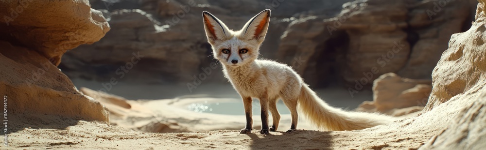 Fennec Fox Standing in a Desert Canyon Fennec Fox Standing in a Desert Canyon