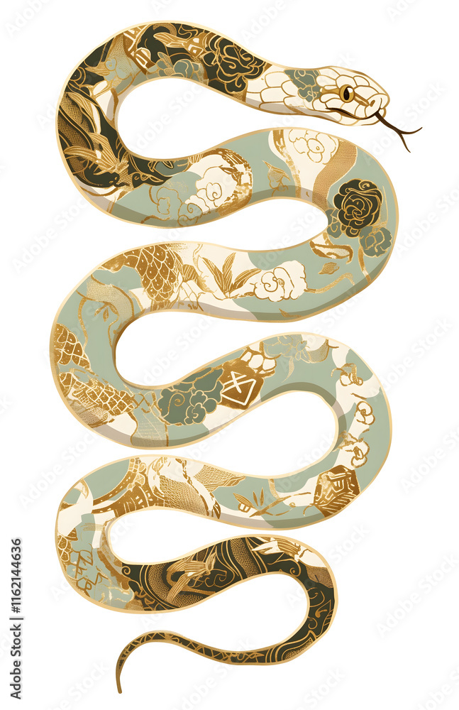 Chinese green snake with golden patterned skin. Chinese New Year 2025 zodiac sign. Isolated clipart Chinese green snake with golden patterned skin. Chinese New Year 2025 zodiac sign. Isolated clipart