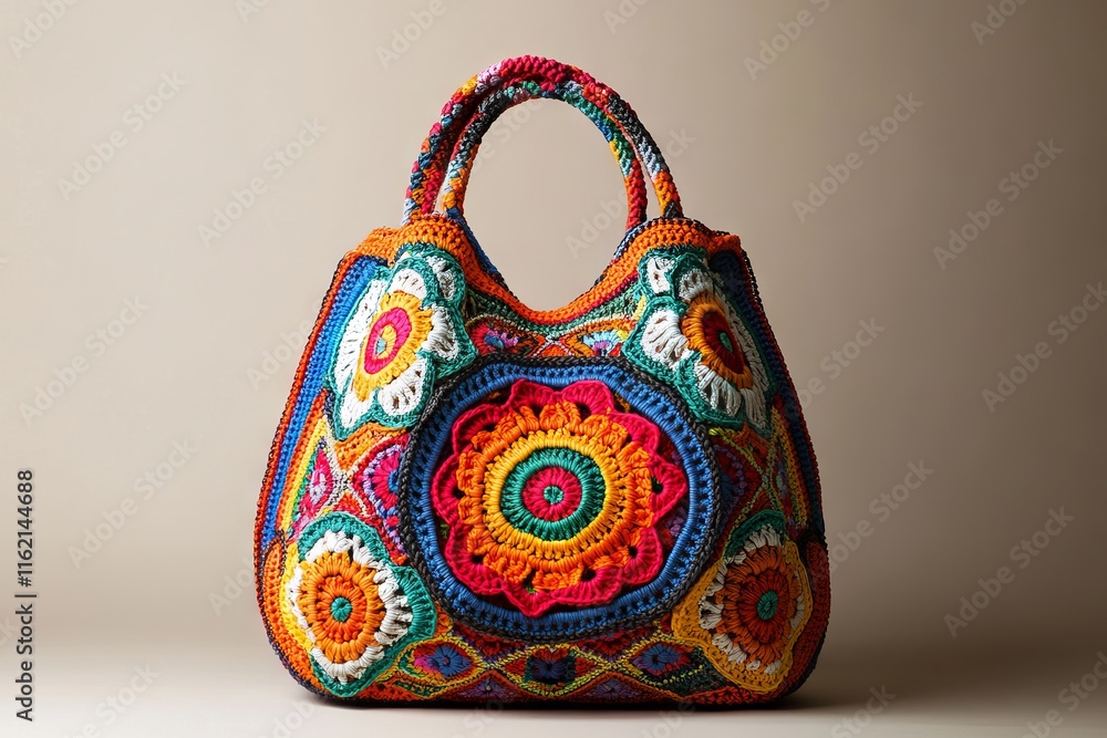Boho Crochet Handbag in Vibrant Colors on Neutral Background. AI generated illustration Boho Crochet Handbag in Vibrant Colors on Neutral Background. AI generated illustration