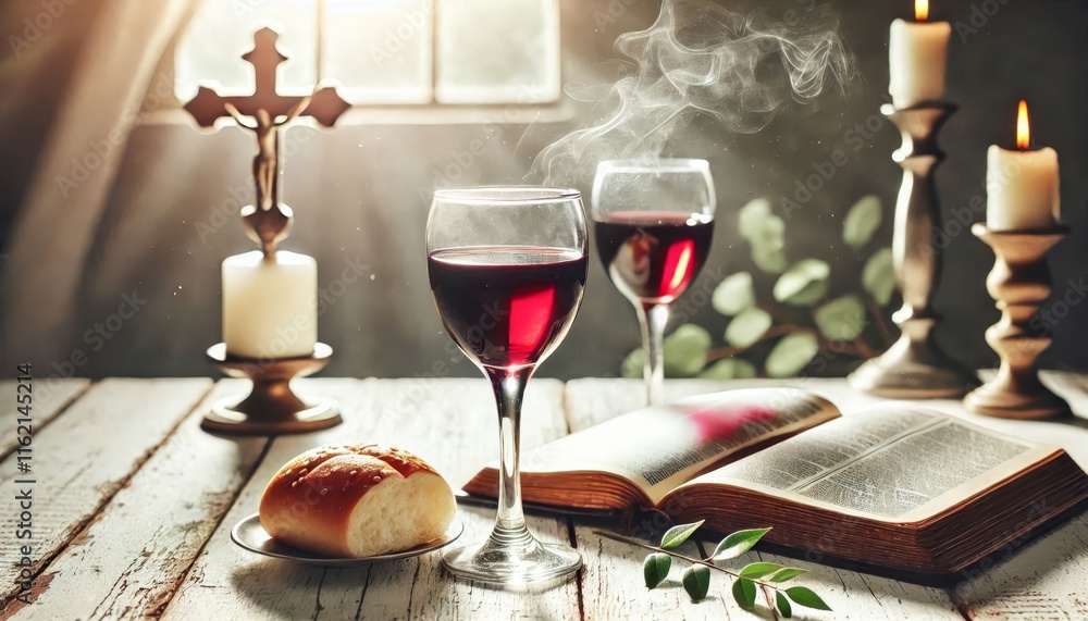 Bread and Red Wine in Glass - Communion - The Lord's Supper and Holy Bible - Blood and Body Embodiment - Sacrament - Christian Ritual - Wallpaper or Background for Religion Bread and Red Wine in Glass - Communion - The Lord's Supper and Holy Bible - Blood and Body Embodiment - Sacrament - Christian Ritual - Wallpaper or Background for Religion