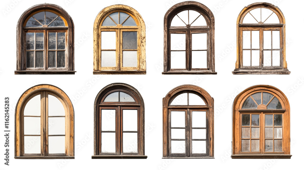 Obraz premium Set of old wooden windows isolated transparent background