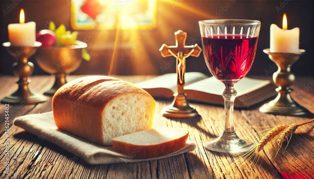 Bread and Red Wine in Glass - Communion - The Lord's Supper and Holy Bible - Blood and Body Embodiment - Sacrament - Christian Ritual - Wallpaper or Background for Religion Bread and Red Wine in Glass - Communion - The Lord's Supper and Holy Bible - Blood and Body Embodiment - Sacrament - Christian Ritual - Wallpaper or Background for Religion