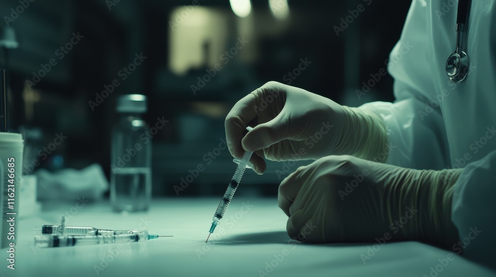 A doctor is holding a syringe and a bottle of medicine A doctor is holding a syringe and a bottle of medicine