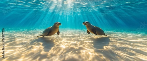 Two sea lions underwater facing each other in sunlight.