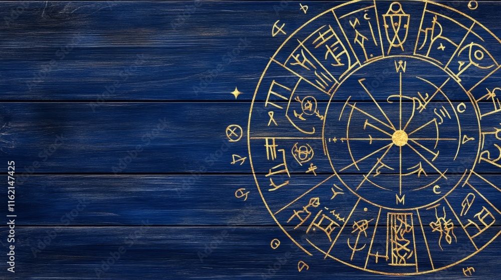 Fototapeta premium Mystical Golden Compass on Dark Blue Wood