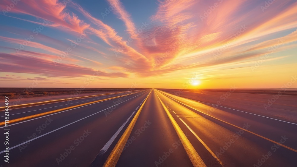 Sunset Highway Scenic Road Journey Across Vast Landscape Sunset Highway Scenic Road Journey Across Vast Landscape