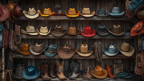 Wallpaper Mural Cowboy Hats and Boots Displayed on Wooden Shelf at Western Market. AI generated illustration Torontodigital.ca