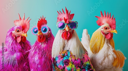 Three Stylish Roosters in Vibrant Colors and Sunglasses