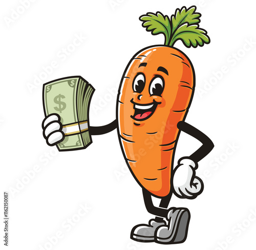 Carrot holding cash,   Cartoon Character Mascot Illustration Vector Clip-art Hand-drawn Logo Design