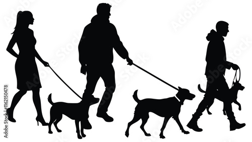 Set Of People Walking Their Dogs On Leashes Vector Silhouette Illustration