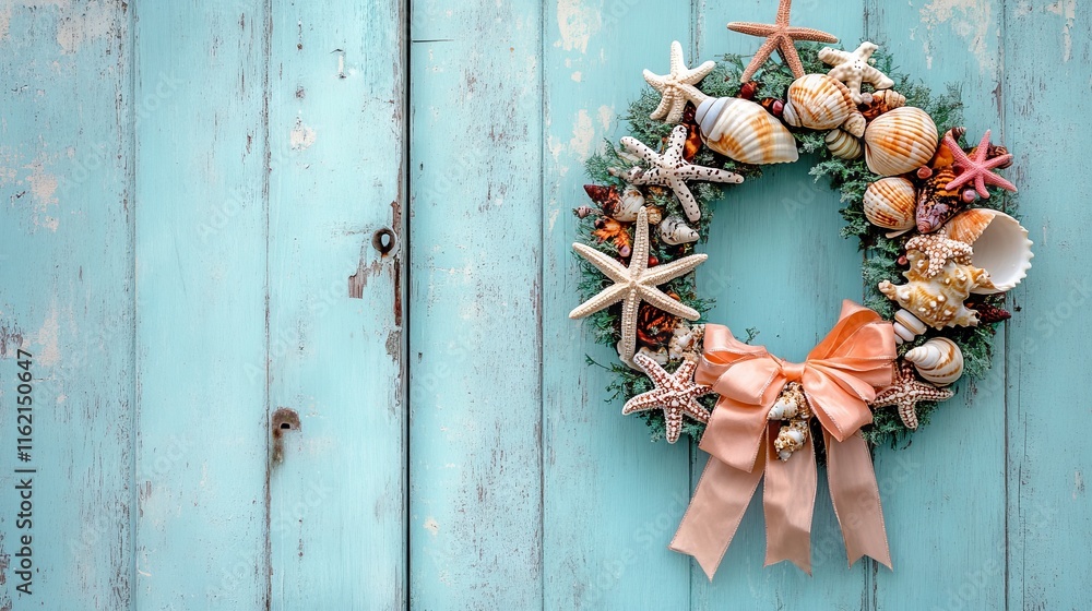 Seashell Wreath on Blue Wooden Door with Bokeh Effect. AI generated illustration Seashell Wreath on Blue Wooden Door with Bokeh Effect. AI generated illustration