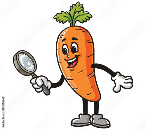 Carrot with magnifying glass,   Cartoon Character Mascot Illustration Vector Clip-art Hand-drawn Logo Design