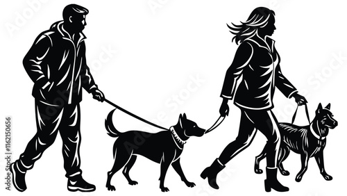 Set Of People Walking Their Dogs On Leashes Vector Silhouette Illustration