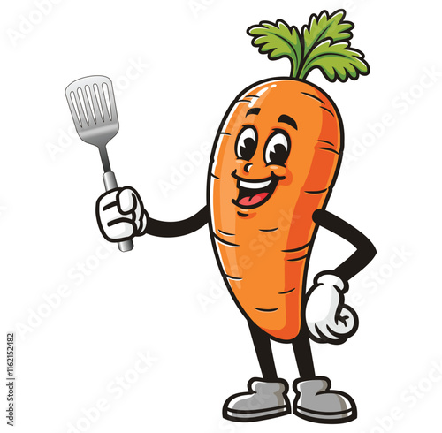Carrot with spatula,   Cartoon Character Mascot Illustration Vector Clip-art Hand-drawn Logo Design