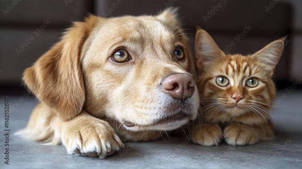 playful Labrador and curious calico cat relaxing together playful Labrador and curious calico cat relaxing together