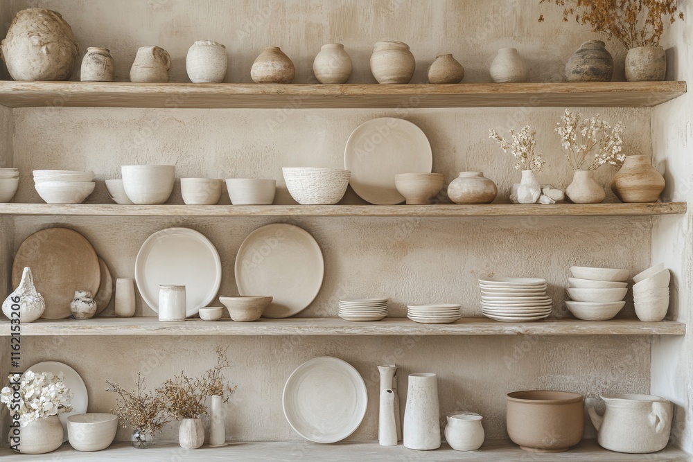 Handmade clay plates and vases displayed on shelves in a pottery studio. AI generated illustration Handmade clay plates and vases displayed on shelves in a pottery studio. AI generated illustration
