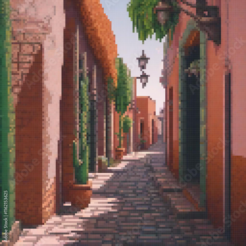 Pixel art depicting a quaint, narrow town street.