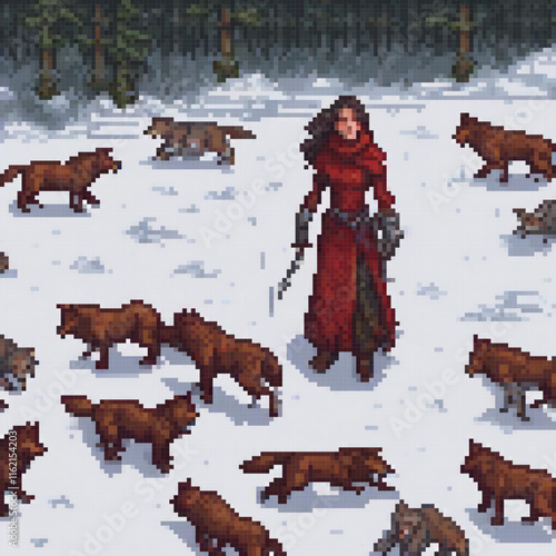 Red-dressed woman braves snowy wilderness with wolves in pixel art.