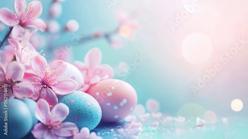 Festive happy easter scene featuring colorful easter eggs nestled among blooming flowers for a celebratory holiday background photo