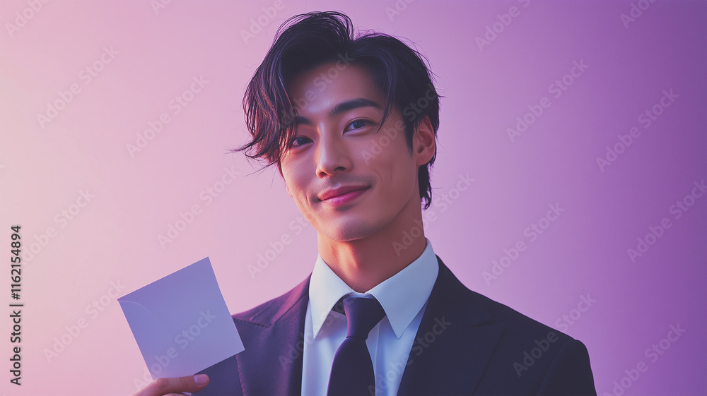 バレンタインカードを受け取るスーツ姿の日本人男性