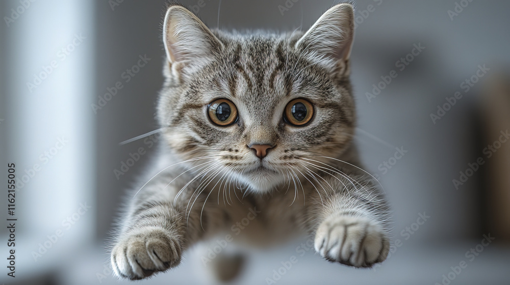silver tabby cat mid sprint, airborne with playful energy and curiosity silver tabby cat mid sprint, airborne with playful energy and curiosity