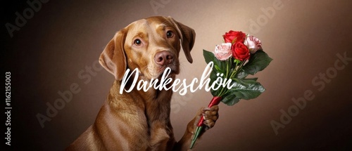 Dankeschön: Brauner Hund hält Rosenstrauß  Dankbarkeit und Liebe photo