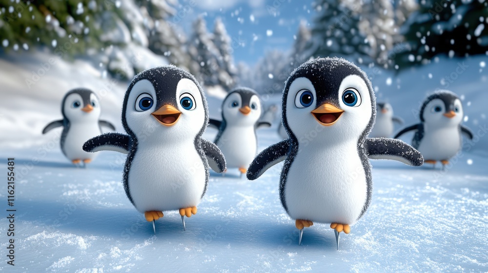 Fototapeta premium Adorable penguins ice skating in snowy winter landscape.