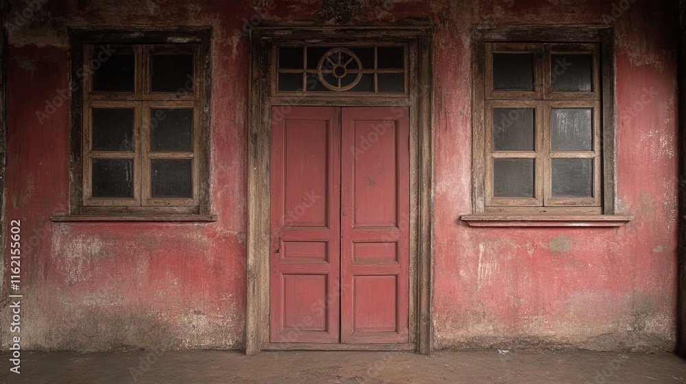 Old Red Building with Wooden Doors and Windows Old Red Building with Wooden Doors and Windows