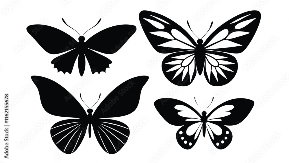 Set of butterflies silhouettes black and white Butterfly icons isolated Set of butterflies silhouettes black and white Butterfly icons isolated